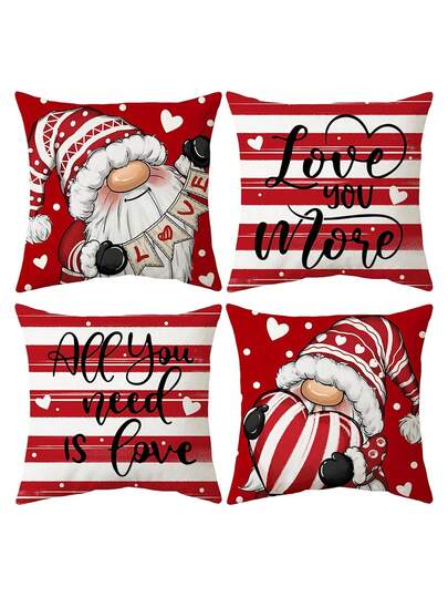 Valentine's Day Throw Pillow Covers, 17.7x17.7 Inch Striped Throw Pillows Valentine Gnomes Decorative Cushion Case Decoration For Sofa Couch Set Of 4
