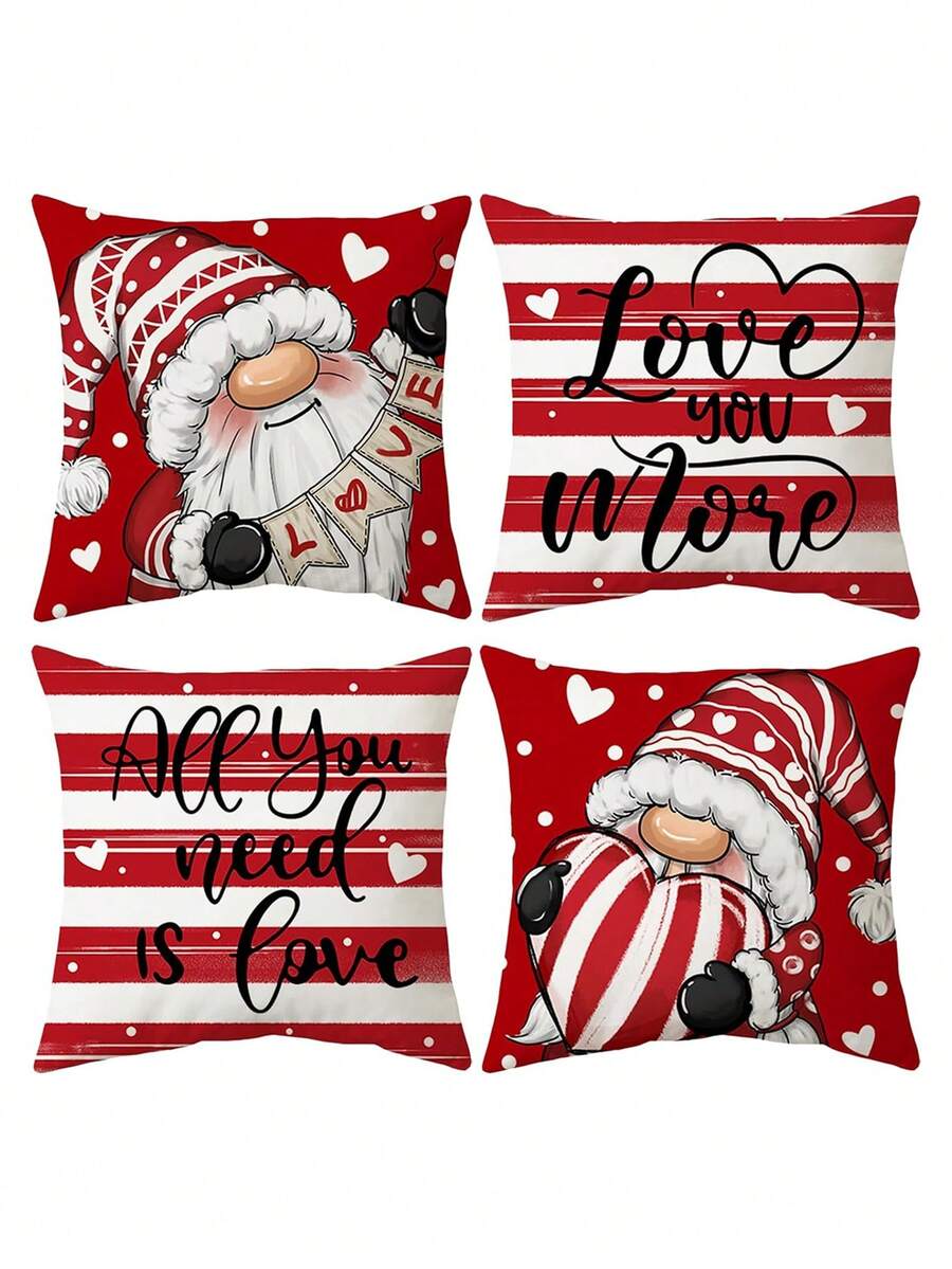 Valentine's Day Throw Pillow Covers, 17.7x17.7 Inch Striped Throw Pillows Valentine Gnomes Decorative Cushion Case Decoration For Sofa Couch Set Of 4 - Red and White - View 1