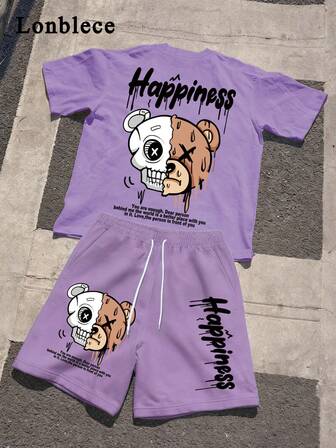 Lonblece 2 Stück/Set Totenkopf & Bär Muster Graffiti Slogan Loose Kurzarm T-Shirt kombiniert mit Kordelzug Lässig Shorts