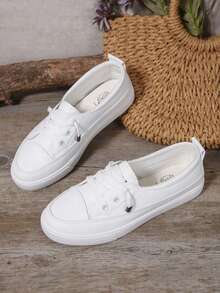 Plus Size Women White Sneakers, Fashion Black Flat Shoes, Casual Lace-Up Athletic Shoes For Students - 白色 - 查看 3