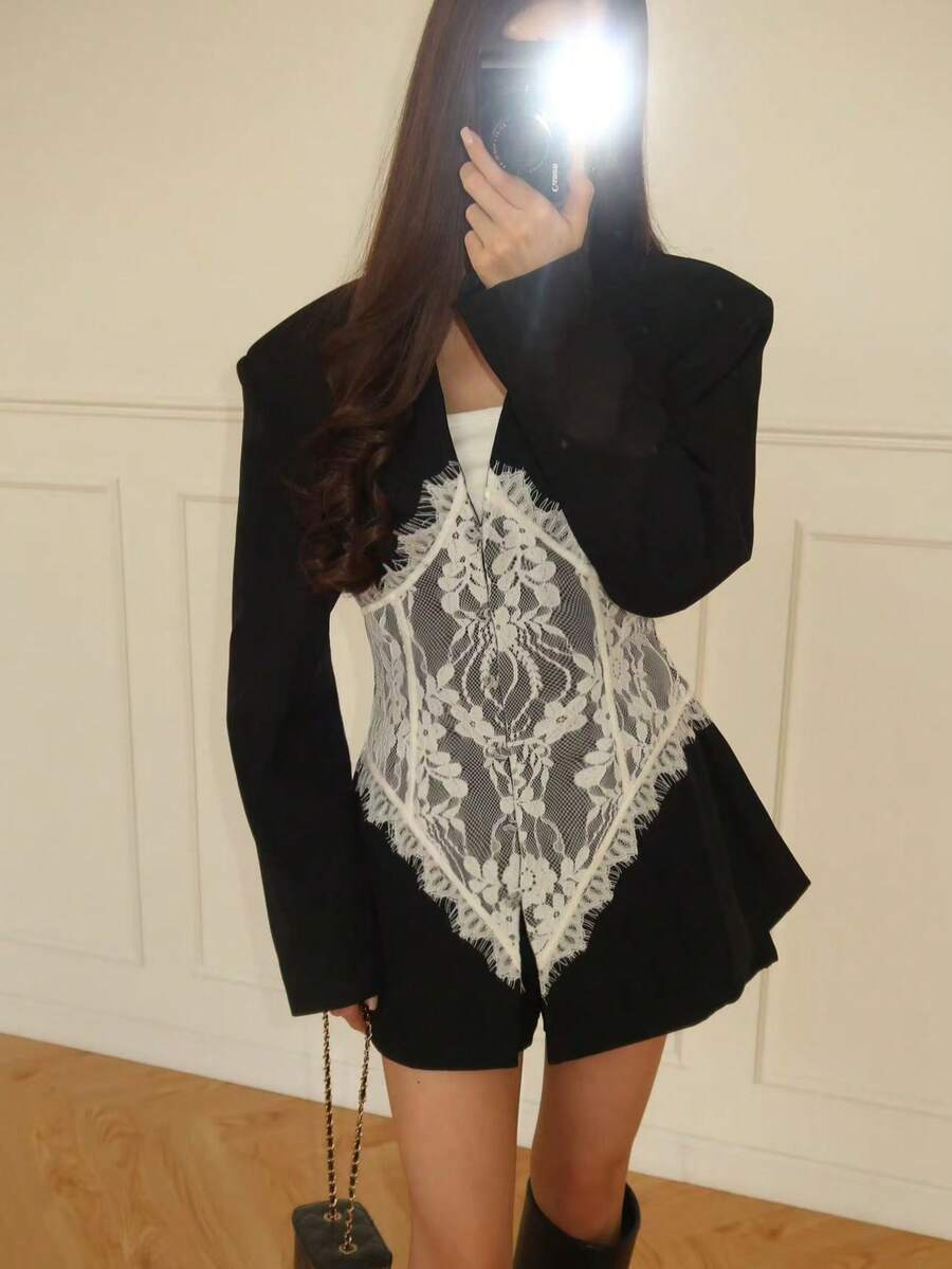 Women's Lace Patchwork V-Neck Long Sleeve Blazer Jacket, Suitable For Evening Date, Birthday Party, Formal Dinner, Autumn/Spring Black - Black - View 1