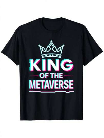 Camiseta casual para hombres, atuendos de moda para exteriores, regalos de vacaciones, camiseta gráfica del Rey del Metaverso para hombres, letras en rosa neón y azul con diseño de corona, tela suave y elástica transpirable, camiseta de manga corta de cuello redondo para eventos de realidad virtual y juegos, ajuste cómodo para todas las estaciones (negro)