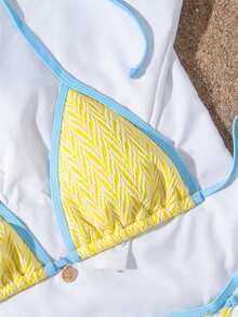 Bộ bikini Suntide kẻ sọc, họa tiết sọc vàng trắng, viền xanh nhạt, buộc dây bên hông, áo ngực tam giác kiểu yếm, đồ bơi 2 mảnh dành cho nữ, thích hợp cho kỳ nghỉ biển. - Màu vàng - Xem 7