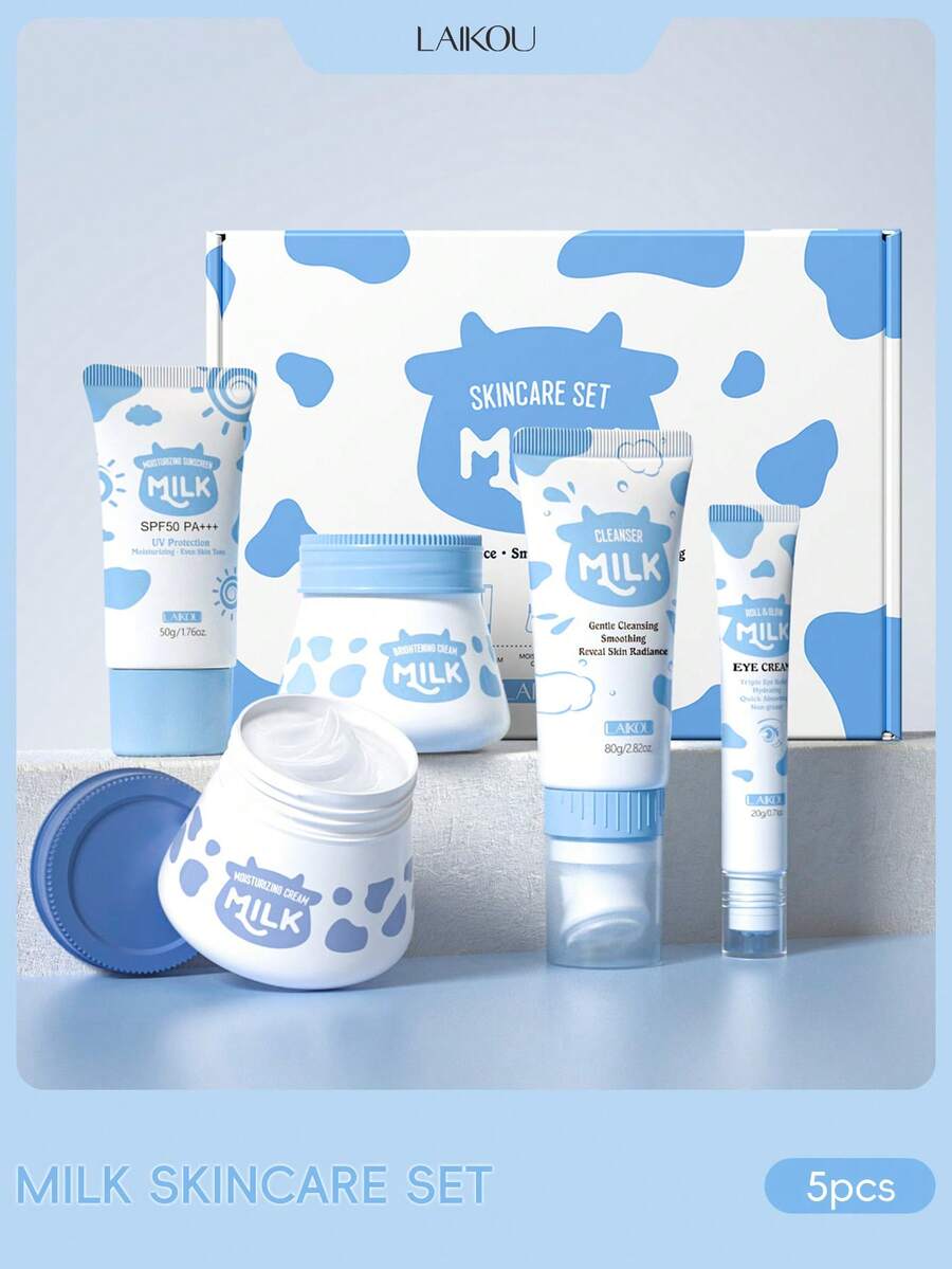 1 套 5 件装亮白 LAIKOU 牛奶护肤套装，（防紫外线 SPF50 防晒乳液 50g、无刺激洁面乳 80g、淡化黑眼圈眼霜 20g、抚平皱纹面霜 55g、美白保湿面部乳液 55g）改善整体妆容护肤礼盒水疗礼物，适合女性和女孩圣诞礼物