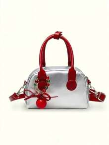 复古荔枝纹PU保龄球包，时尚手提包/单肩包，女士适用，适合工作通勤，秋冬季 - 銀色 - 查看 2