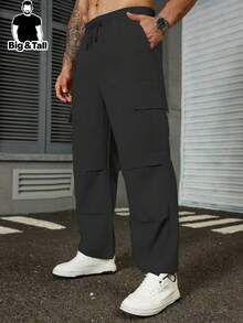 Plus Size Men's Casual Cargo Pants With Multiple Pockets And Drawstring Waist - Black - View 1