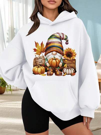 Suéter de moda con capucha al aire libre para mujeres Sudadera con capucha negra con estampado de duende de otoño calabazas hojas y girasol texto hello fall para uso diario ocasiones casuales temporada de otoño Combinación de  de citas fuera de casa, regalos de vacaciones navideñas,La mejor opción para salir a una cita