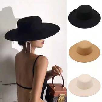 1 pieza Sombrero de fieltro de lana de ala ancha de estilo elegante francés, versátil sombrero fedora para mujer, apto para otoño/invierno