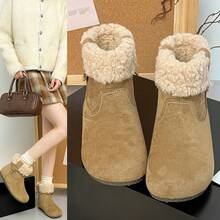 Botas de Nieve de Gamuza Vintage para Mujeres 2025 Botas Cortas de Terciopelo de Invierno Punta Redonda Plana Uso Bidireccional Zapatos Cálidos para Mujeres - Marrón - Ver 4