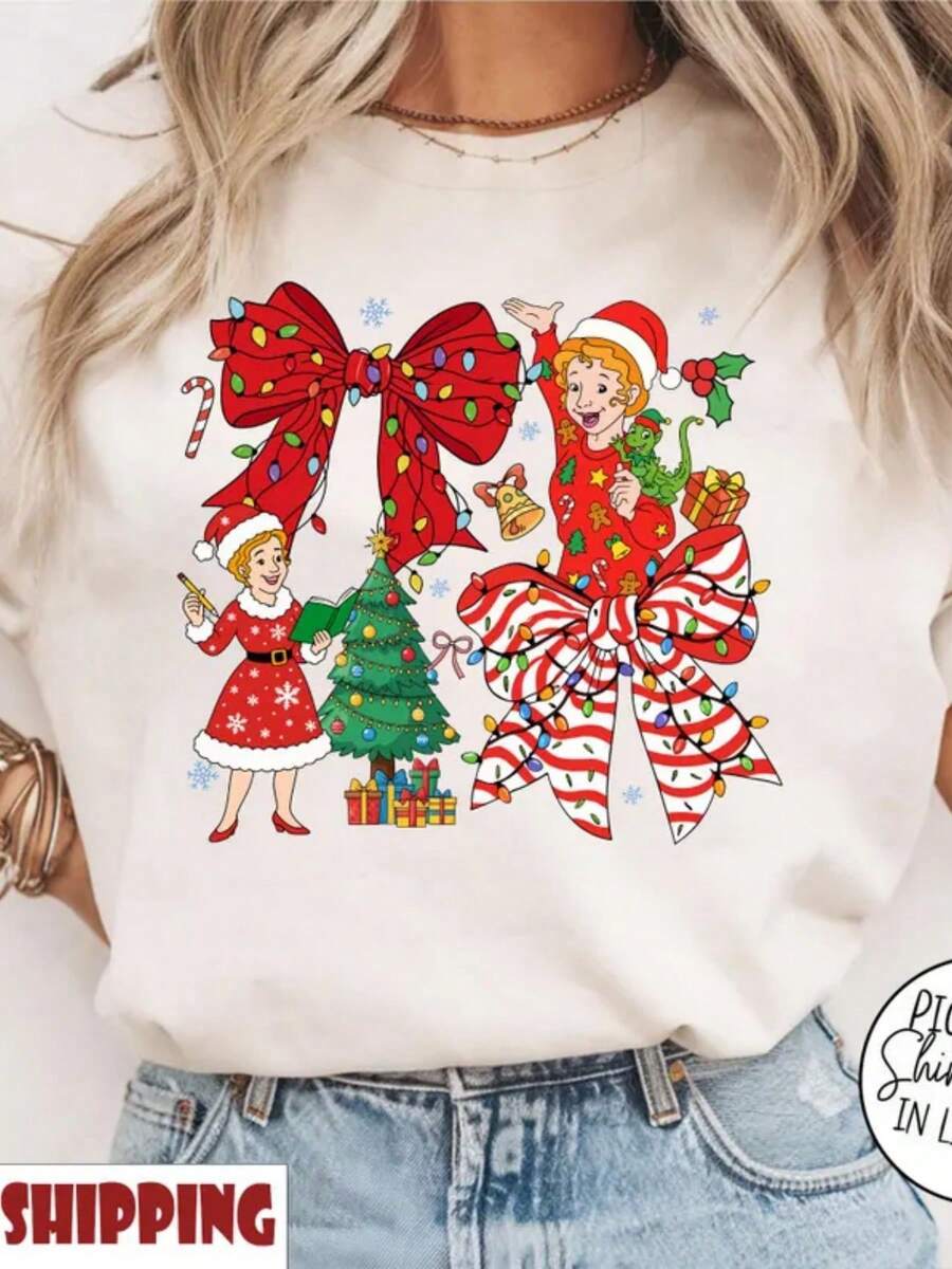 Coquette Bow Merry Magic School Bus Shirt, Miss Frizzle Shirt, Teacher Shirt, Holly Jolly Teacher Tee, Teacher - 白色 - 查看 1