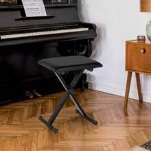 HOMCOM Piano Stool/Bench, Height Adjustable, Foldable, Made Of Metal, Faux Leather And Foam, Black, 39 X 29 X 37-47 Cm