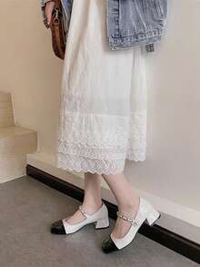 Scarpe Mary Jane con catena di perle nere e bianche, pumps con tacco chunky vintage per vacanze e appuntamenti - Bianco - Visualizzare 7