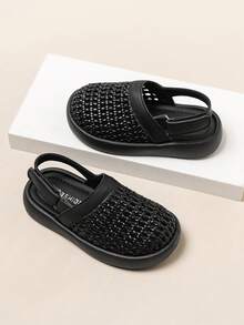 1 par de sandalias de niña de estilo vintage negro tejido, zapatos romanos cómodos, suaves, antideslizantes y transpirables - Negro - Ver 2