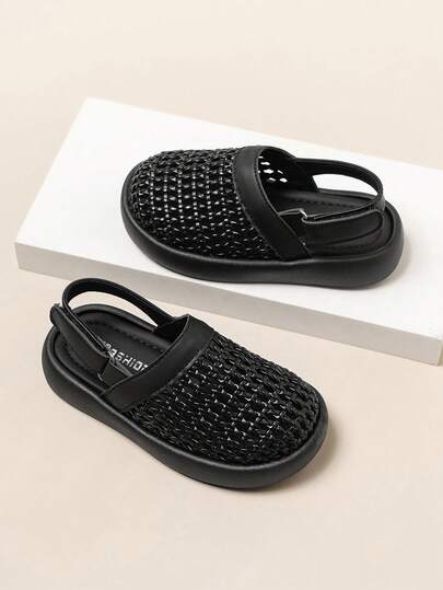 1双复古黑色编织女童凉鞋，舒适柔软防滑透气罗马鞋