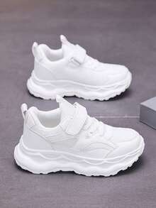 3-14 Years Old Teenagers' Sports Shoes, Mesh & PU Leather Upper, Breathable, Suitable For Spring, Summer, Autumn & Winter, Back To School, New Design, Lightweight, Non-Slip Rubber Sole, Hook And Loop Closure For Easy On/Off, Suitable For Running, School, Outdoor, Training, 4 Colors Available - White - View 3