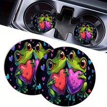 2 piezas Posavasos con diseño de rana en forma de corazón, posavasos decorativos redondos de 2.75 pulgadas para portavasos de coche, posavasos para bebidas para el hogar y el automóvil, accesorios interiores de coche unisex para bebidas - Unitalla - Ver 12