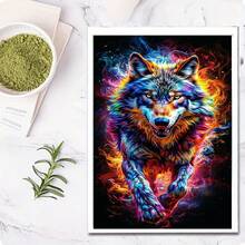1 Conjunto Kit de Pintura de Diamante 5D, Pintura de Diamante de Lobo de Chama Colorida Completa para Decoração da Sala de Estar, Série Animal Pintura de Diamante Artesanal DIY, Decorações de Natal - Multicolorido - Visão 2