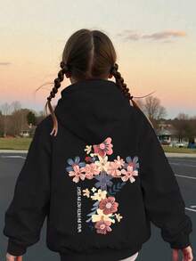 Tween Girl Hoodie, Walk By Faith Not By Sight Inspirational Floral Back Print, Casual Long Sleeve Hooded Sweatshirt For Girls Spring School Wear. - Black - View 9