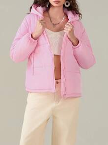 Women's Devil Horn Puffer Jacket Winter Warm Quilted Coat Long Sleeve Zip Up Outwear With Hood - 粉色 - 查看 3