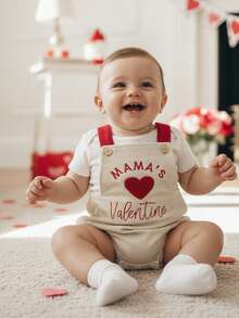 Conjunto de San Valentín para bebé recién nacido, niño y niña, mono de pana con corazón de San Valentín de mamá, mono sin mangas con tirantes y burbujas, mono corto sin espalda, ropa para mi primer día de San Valentín - Caqui - Ver 2