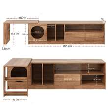 Moderner drehbarer Fernsehschrank – mehrzweckig und ausziehbar, haustiertierfreundlich, stahlverstärkten Glastüren, Katzenruheraum (ohne Katzenkissen), Nussbaumfarben, 180(+80)*40*50 cm - Noce - Visualizzare 3