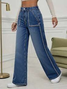 Women's Relaxed Fit Jeans - Beaded Pocket Mid-Rise Wide Leg Jeans With Button Fly, Street Style Casual Design For Everyday Wear - Rửa tối - Xem 2