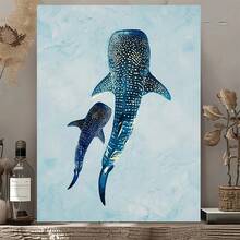 Impresión de arte mural en lienzo de una pieza plana 2D de la familia de tiburones ballena - Póster moderno retro de vida marina con marco de madera y decoración simple, adecuado para sala de estar, dormitorio, cocina, oficina - Retrato familiar de tiburones ballena nadando, decoración de tiburones ballena - Multicolor - Ver 8