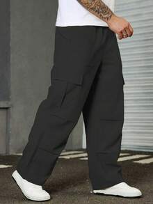Plus Size Men's Casual Cargo Pants With Multiple Pockets And Drawstring Waist - Black - View 4