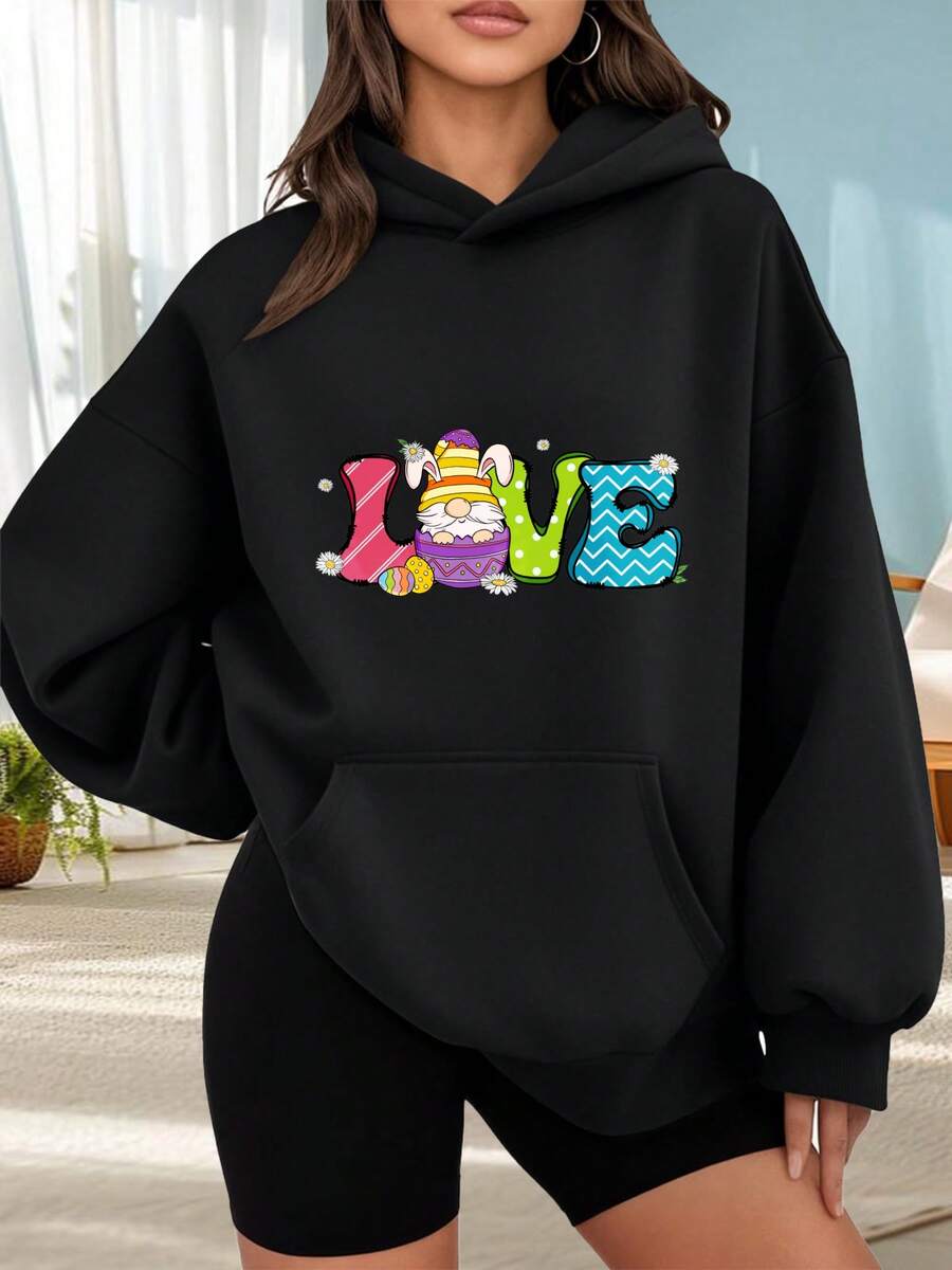 Fashionable Outdoor Hooded Sweater For Women. Black Hoodie With Easter Bunny Print And Vibrant LOVE Lettering For Everyday Wear, Social Occasions, Spring And Summer. Perfect For Dates, Holiday Gifts, And More. The Best Choice For A Date Night. - 黑色 - 查看 1