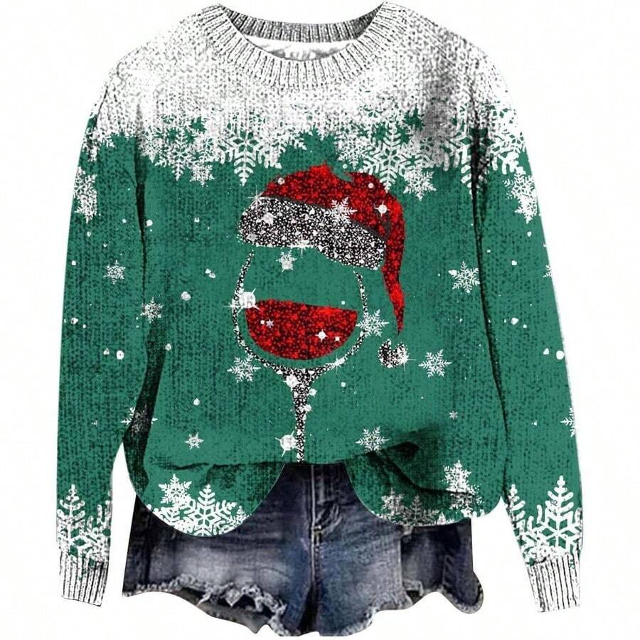 Sudadera de manga larga para mujer, diseo de Pap Noel, diseo de dibujos animados, diseo de Navidad, cuello redondo, diseo - Verde + M - Ver 1