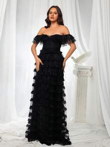 VIPGIRL Robe de soirée noire à épaules dénudées en maille pour femmes - Noir - Voir 3