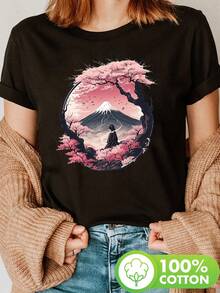 1 camiseta con estampado digital divertido Montaña, cerezos, persona, pájaros 180g, serie clásica, camiseta de manga corta para mujer, 100% algodón, cuello redondo retro casual - Negro - Ver 1