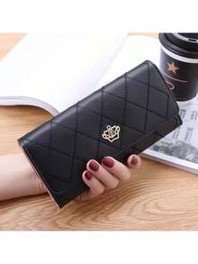 YUQING.FC Cartera larga de diseño geométrico con corona decorativa de tríptico #Hg001, regalo para volver a la escuela, regalo para estudiantes universitarios, regalo para niñas - Negro - Ver 5