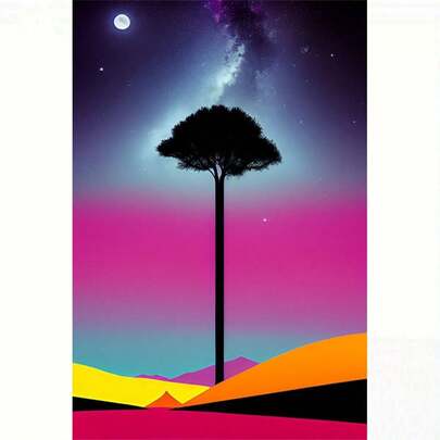 1 Set 5D DIY Diamond Painting Kit - Lonely Tree Under Starry Sky, Dreamlike Gradient Color DIY Diamond Art Decor, Christmas Decorations