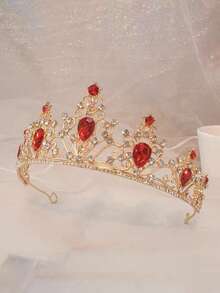 1件装女士时尚公主皇冠水钻发箍，甜美生日发饰，皇冠，头饰，服装皇冠，头饰，准新娘，派对，女士发饰 - 4223紅色 - 查看 3