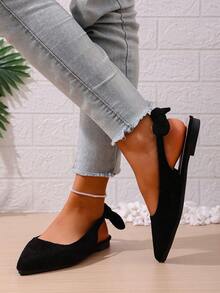 Sandálias minimalistas francesas de bico fino, salto grosso e laço, perfeitas para a primavera/verão. Sapatos confortáveis para damas de honra. - Preto - Ver 6