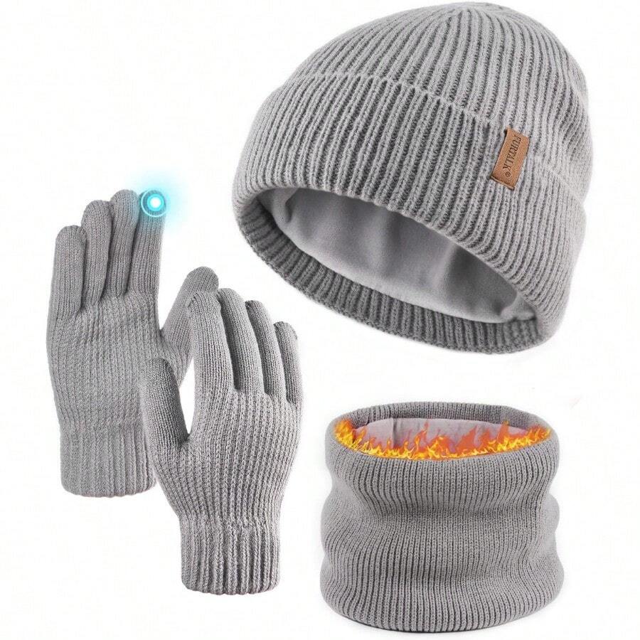 FURTALK Winter Knit Beanie Hat Sacrf Touch Screen Gloves Set Soft Fleece Lining Warm Beanie Unisex Winter SetMen Gloves Set - Grey - View 1