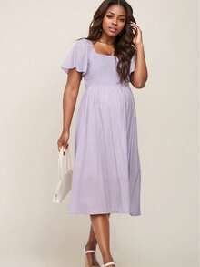 Maternity Solid Color Bohemian Elegant Woven Fabric Drawstring Dress, Suitable For Daily Wear And Vacation, Spring/Summer - Lilac Purple - View 6