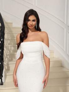 LOVE Aing 女士性感白色优雅不对称/不规则拉链荷叶边正式晚礼服，奢华魅力网纱闪亮珍珠社交名媛定制高开衩紧身绷带连衣裙，适合派对、宴会、新年、约会、单身派对、聚会、舞会、毕业典礼、派对、婚礼季、返校季、正式场合晚礼服 - 白色 - 查看 7