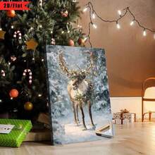 2D plano, 1 pieza de lienzo enmarcado para pared - bosque nevado de invierno con cervatillo y decoraciones, pinturaágica de reno, lienzo impreso de alta resolución envuelto en marco, decoración festiva para sala de estar y dormitorio - Multicolor - Ver 2