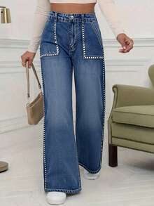 Women's Relaxed Fit Jeans - Beaded Pocket Mid-Rise Wide Leg Jeans With Button Fly, Street Style Casual Design For Everyday Wear - Rửa tối - Xem 1