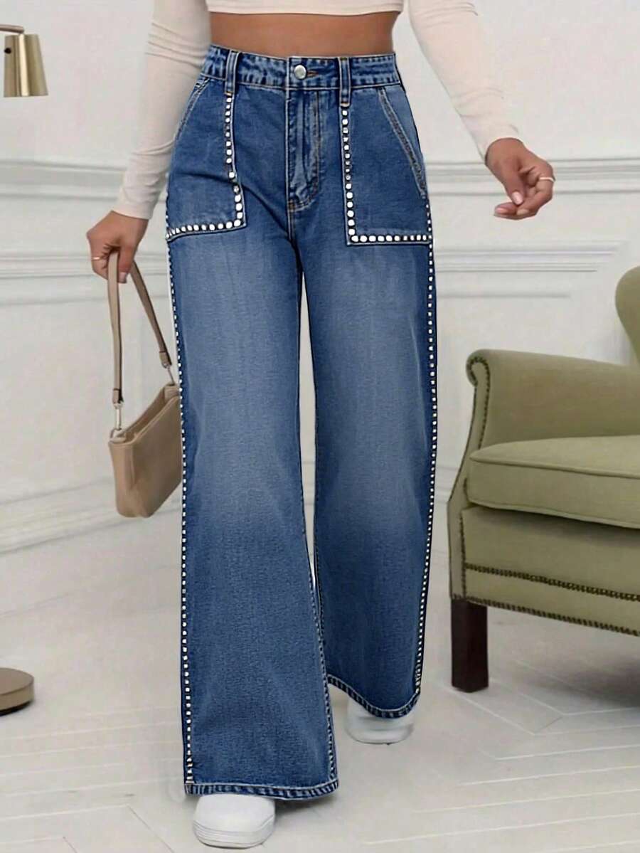 Women's Relaxed Fit Jeans - Beaded Pocket Mid-Rise Wide Leg Jeans With Button Fly, Street Style Casual Design For Everyday Wear - Rửa tối - Xem 1