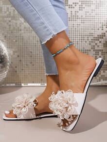 Women's Floral Print Fairy Fabric Thong Sandals, Beach Wear For Summer - White - View 4
