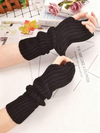 Enfärgade randiga, avslappnade, gatustil, akrylstickad jacquard, collegechic, fingerlösa handskar, medellånga, moderiktiga varma armvärmare, lämpliga för höst/vinter, år 2000-skurkars armärmar, daglig outfitdekor + vinterutrustning + teddyhandskar + jul
