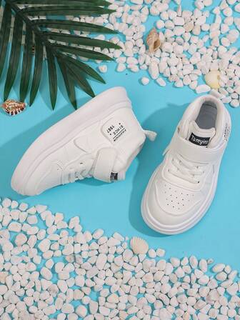 1 Pair Solid Color Fashionable Cute Versatile Children's Sports Shoes, Mid-Top Infant Canvas Shoes, Lightweight Breathable Hook And Loop Closure Tennis Shoes, Suitable For Boys And Girls, School, Vacation, Indoor And Outdoor, All Seasons