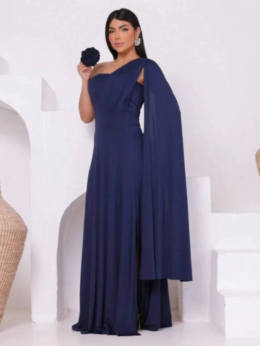 Women's Long Party Dress, One Shoulder, Draped With Slit – Elegant Fluit Fabric For Bridesmaids, Weddings, And Graduations – One Size Fits All. Elegant Asymmetrical Party Dress For Weddings. - 藏蓝色 - 查看 1