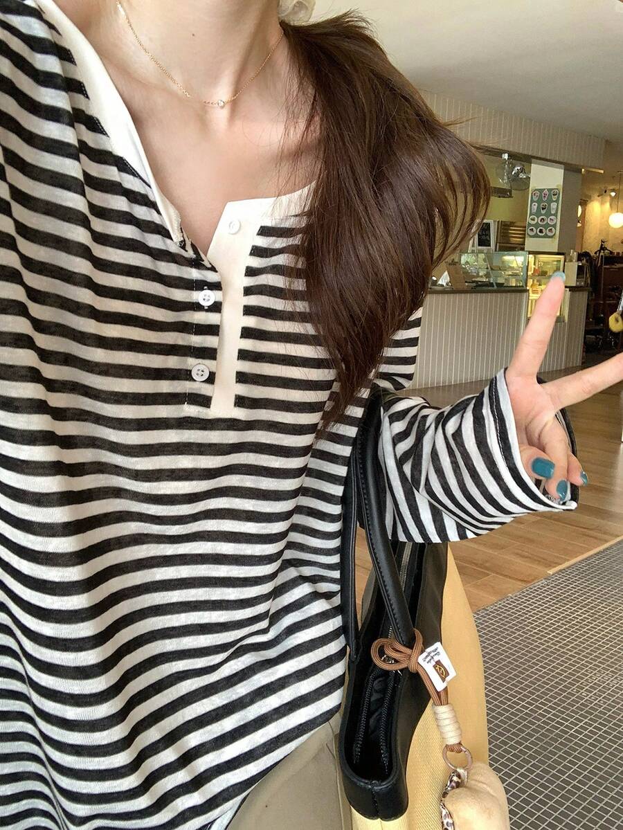 休闲宽松条纹长袖T恤 - 黑色條紋 - 查看 1