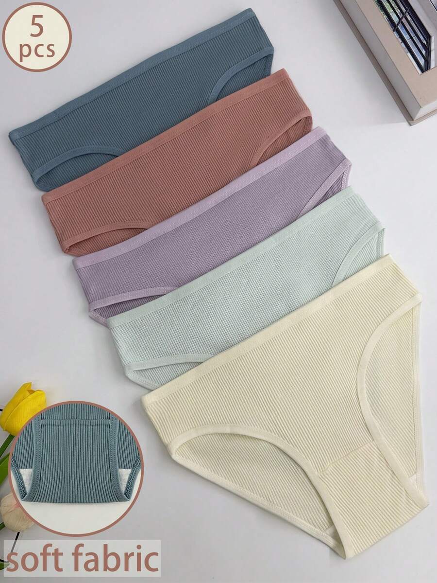 5件套女士多色罗纹中腰可爱性感比基尼内裤