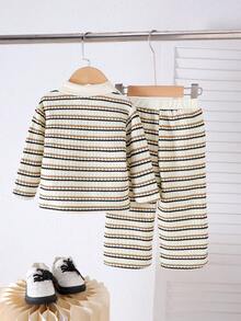 2pcs Baby Girls Casual Everyday Cute Striped Collar Long Sleeve Top And Pants Set, Spring/Autumn - Apricot - View 2