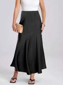 Women's Black Polyester Mermaid Skirt Long Length Ruffle Hem Elegant Style - Black - View 4